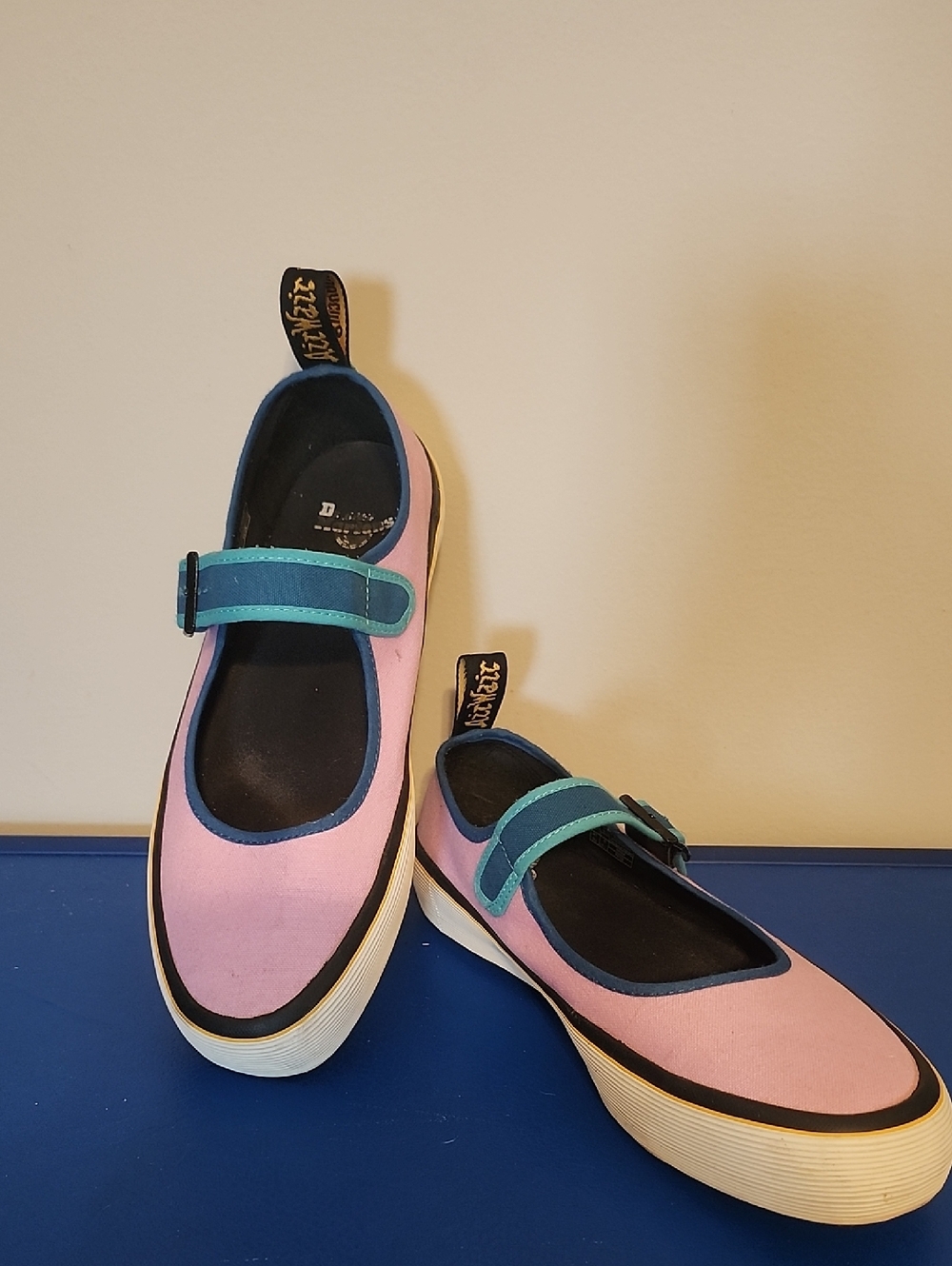 Dr. Martens Pink Canvas Mary Jane Sneakers with Teal Strap